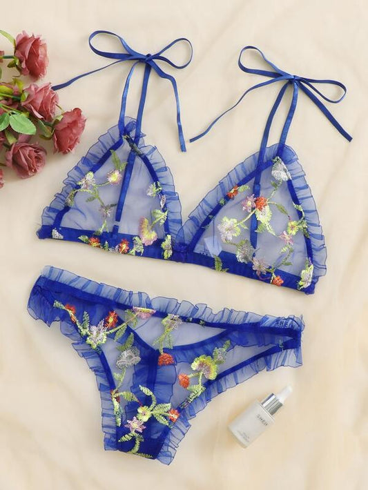Floral Embroidered Mesh Frill Lingerie Set - LuckyFash™