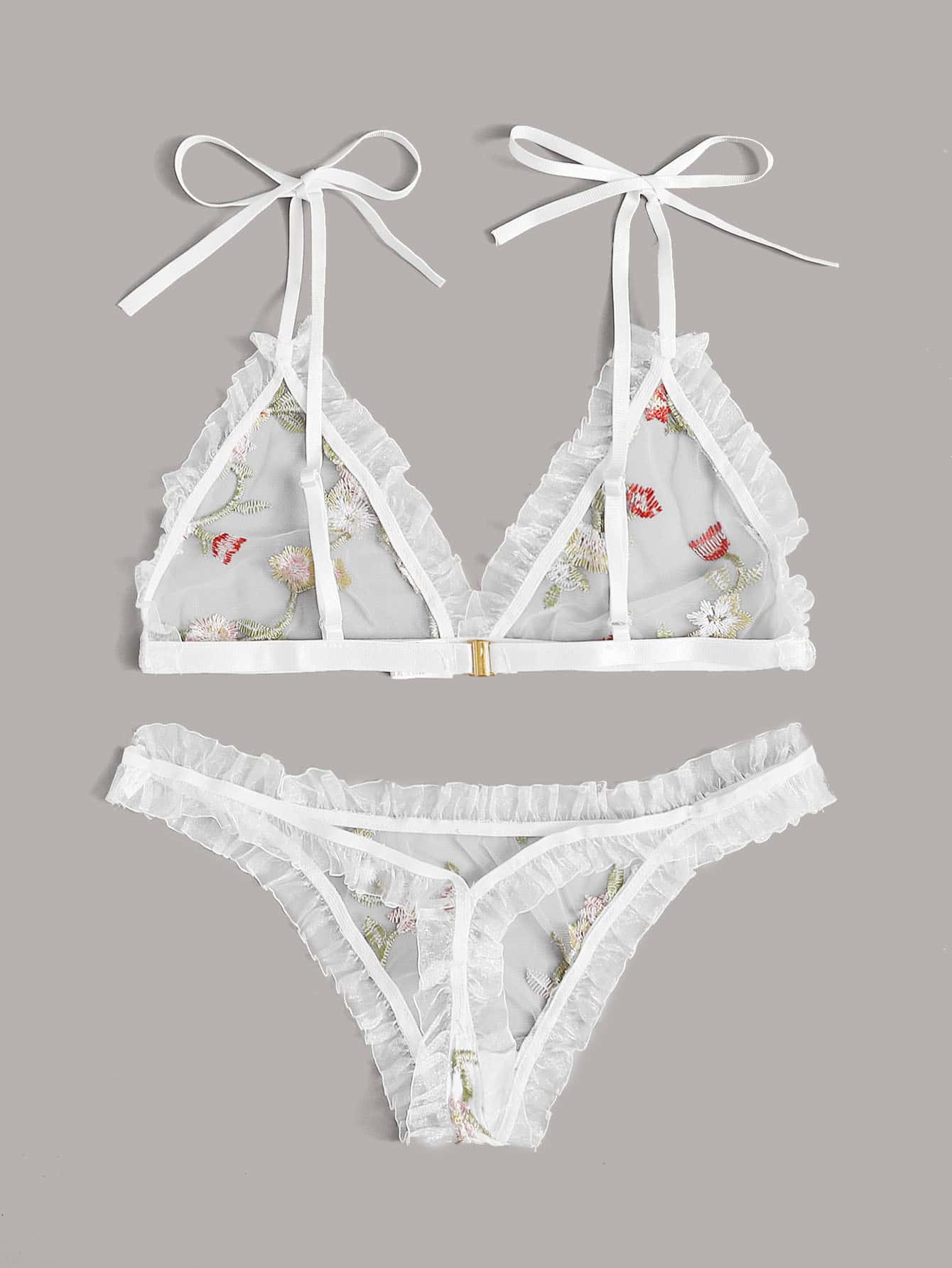 Floral Embroidered Mesh Frill Lingerie Set - LuckyFash™