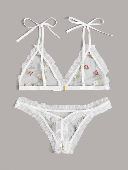 Floral Embroidered Mesh Frill Lingerie Set - LuckyFash™