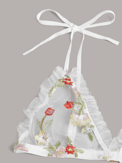 Floral Embroidered Mesh Frill Lingerie Set - LuckyFash™