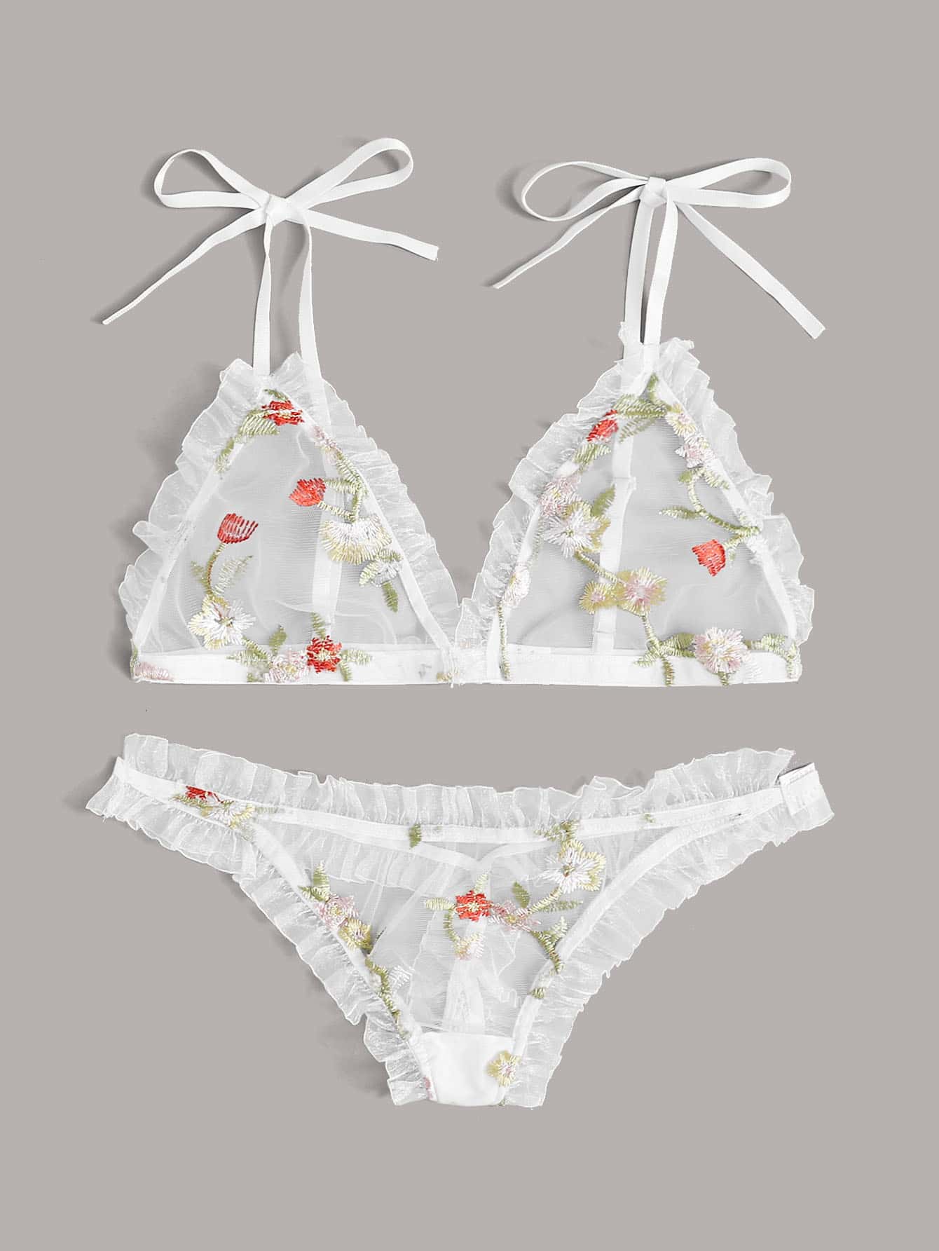 Floral Embroidered Mesh Frill Lingerie Set - LuckyFash™