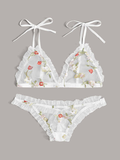 Floral Embroidered Mesh Frill Lingerie Set - LuckyFash™