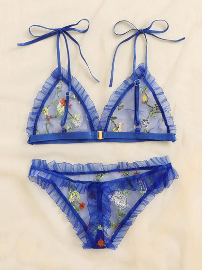 Floral Embroidered Mesh Frill Lingerie Set - LuckyFash™