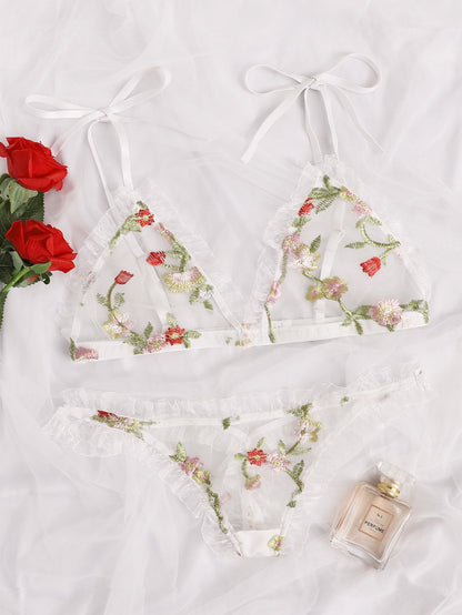 Floral Embroidered Mesh Frill Lingerie Set - LuckyFash™