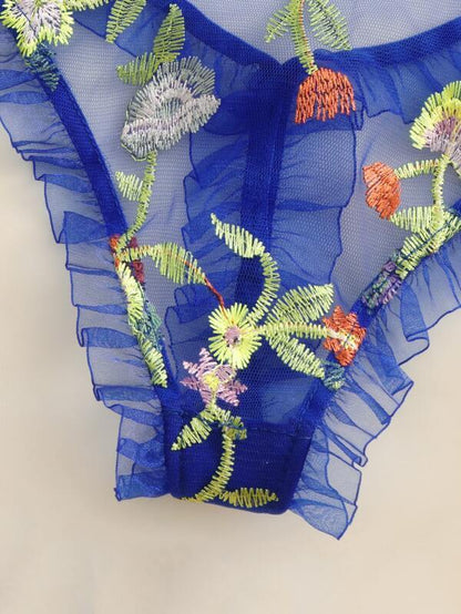 Floral Embroidered Mesh Frill Lingerie Set - LuckyFash™