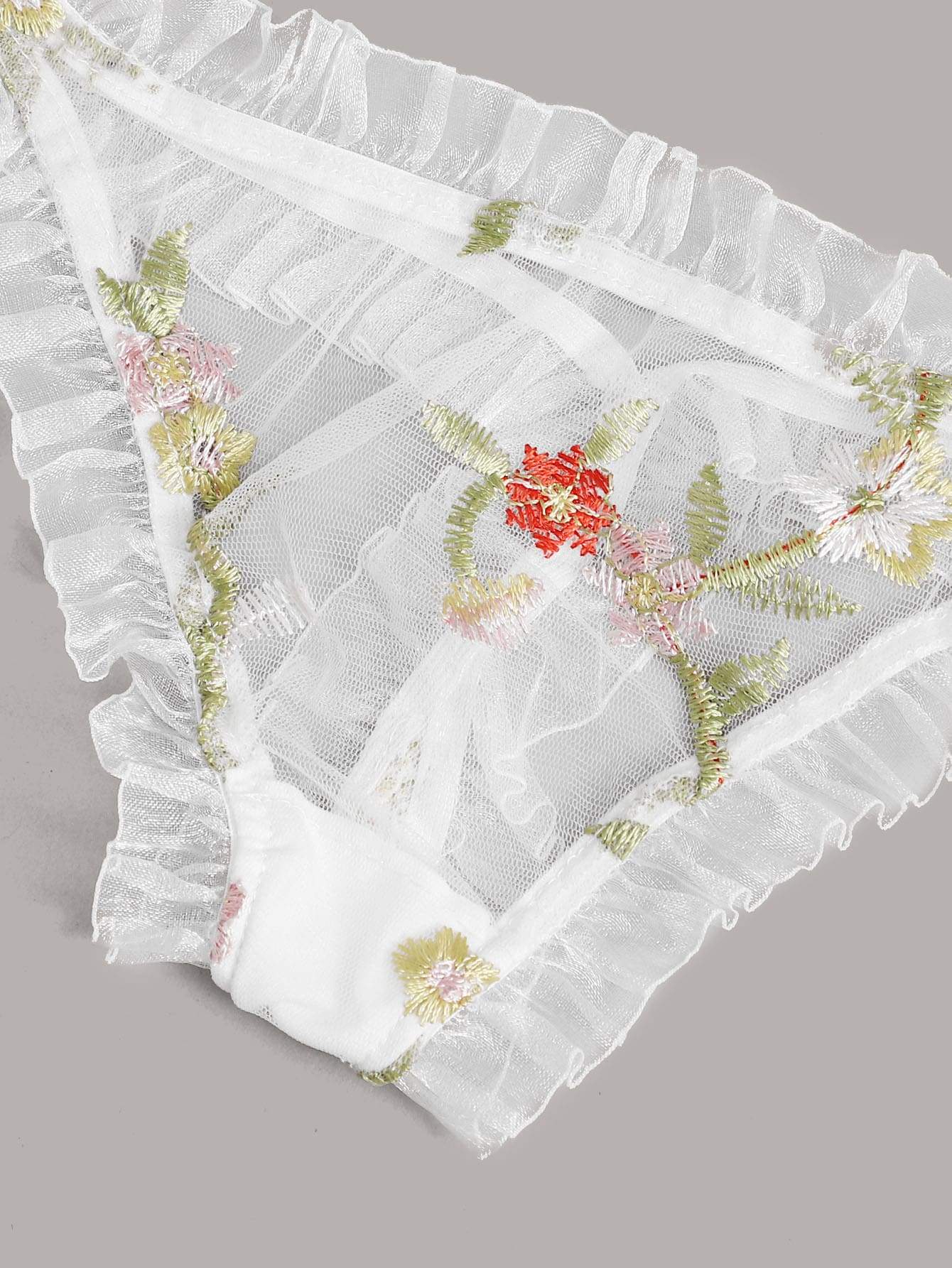Floral Embroidered Mesh Frill Lingerie Set - LuckyFash™