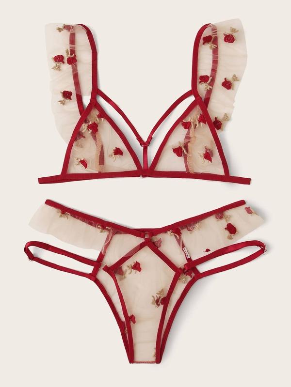 Floral Embroidered Mesh Harness Lingerie Set - LuckyFash™
