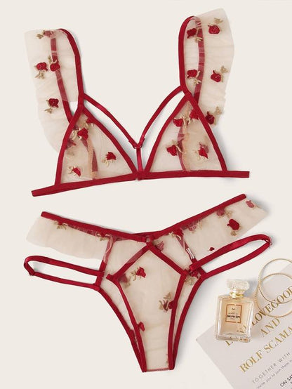 Floral Embroidered Mesh Harness Lingerie Set - LuckyFash™