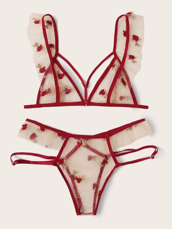 Floral Embroidered Mesh Harness Lingerie Set - LuckyFash™