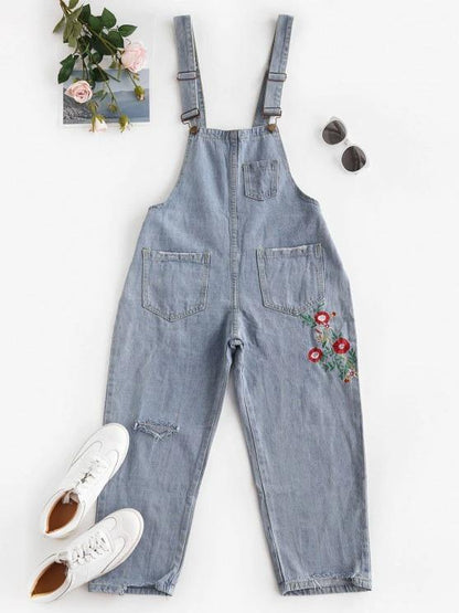 Floral Embroidered Ripped Denim Overalls Jumpsuit - LuckyFash™