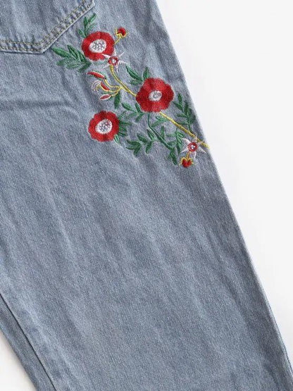 Floral Embroidered Ripped Denim Overalls Jumpsuit - LuckyFash™