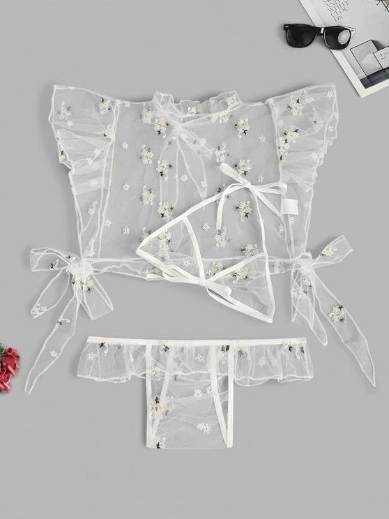 Floral Embroidered Ruffle Tie Mesh Lingerie Set - LuckyFash™