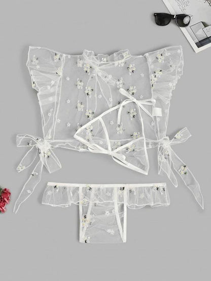 Floral Embroidered Ruffle Tie Mesh Lingerie Set - LuckyFash™