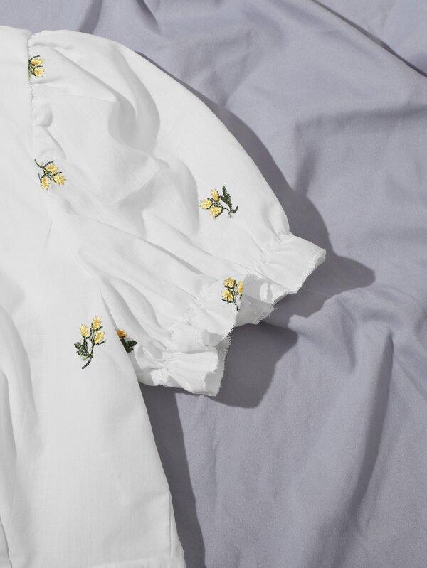 Floral Embroidered Tied Cutout Back Puff Sleeve Top - LuckyFash™