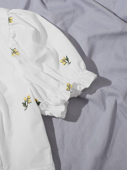 Floral Embroidered Tied Cutout Back Puff Sleeve Top - LuckyFash™