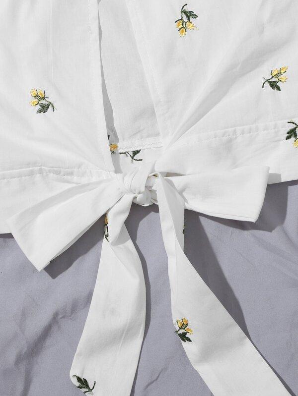 Floral Embroidered Tied Cutout Back Puff Sleeve Top - LuckyFash™