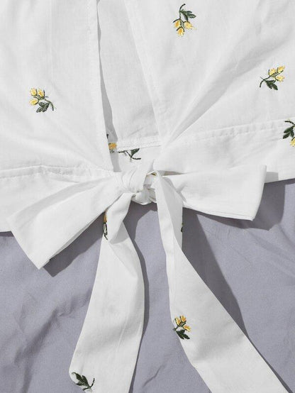 Floral Embroidered Tied Cutout Back Puff Sleeve Top - LuckyFash™