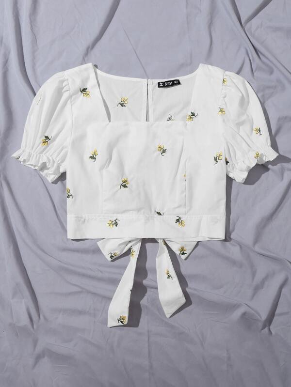 Floral Embroidered Tied Cutout Back Puff Sleeve Top - LuckyFash™