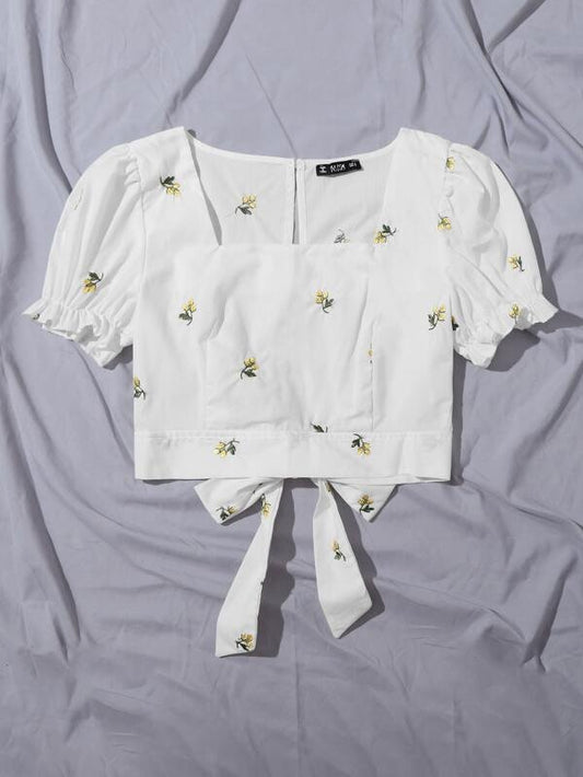Floral Embroidered Tied Cutout Back Puff Sleeve Top - LuckyFash™