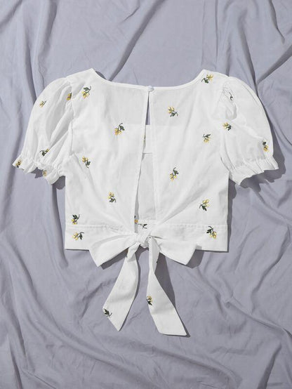Floral Embroidered Tied Cutout Back Puff Sleeve Top - LuckyFash™
