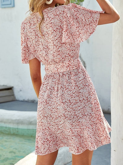 Floral Flowy Short Sleeve Belted Dress - LuckyFash™
