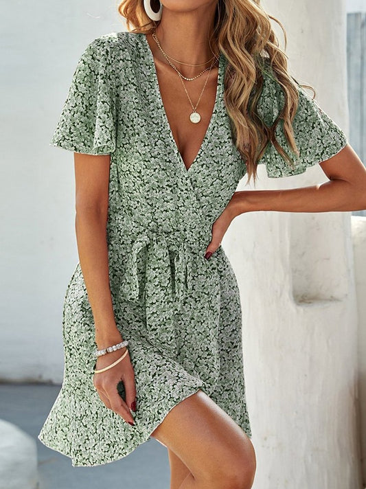 Floral Flowy Short Sleeve Belted Dress - LuckyFash™
