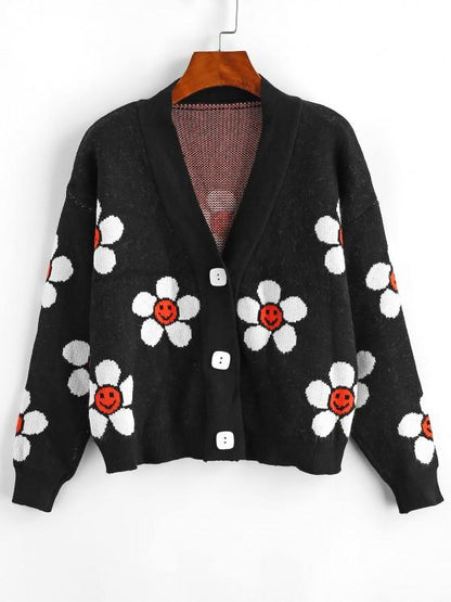 Floral Graphic Button Up V Neck Cardigan - LuckyFash™