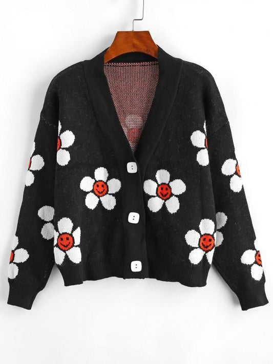 Floral Graphic Button Up V Neck Cardigan - LuckyFash™