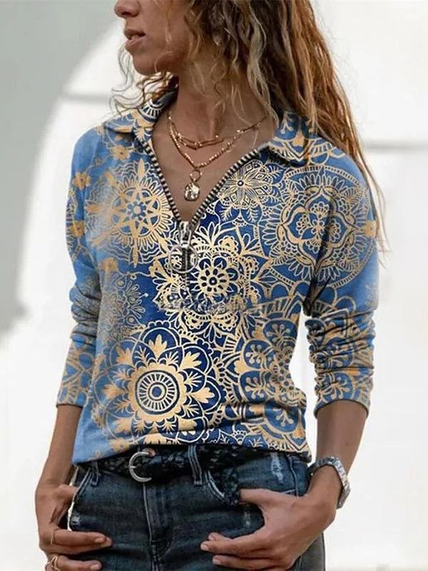 Floral Graphic Print Shirt Collar Zip Up Blouse - LuckyFash™