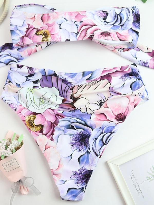 Floral High Waist Knotted Bandeau Brazilian Bikini - LuckyFash™