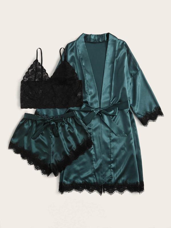 Floral Lace Bralette With Satin Shorts & Belted Robe - LuckyFash™