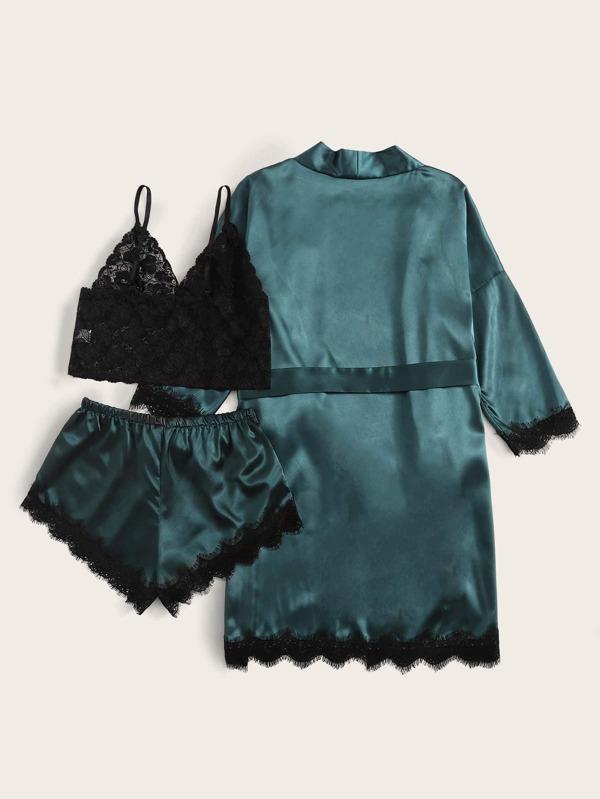 Floral Lace Bralette With Satin Shorts & Belted Robe - LuckyFash™
