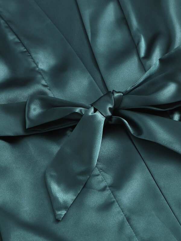 Floral Lace Bralette With Satin Shorts & Belted Robe - LuckyFash™