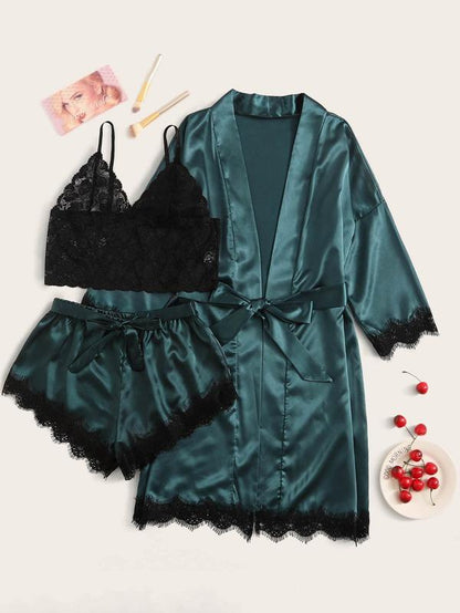 Floral Lace Bralette With Satin Shorts & Belted Robe - LuckyFash™