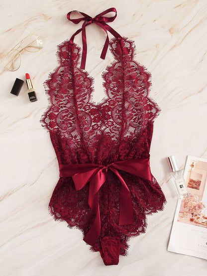 Floral Lace Halter Teddy Bodysuit - LuckyFash™