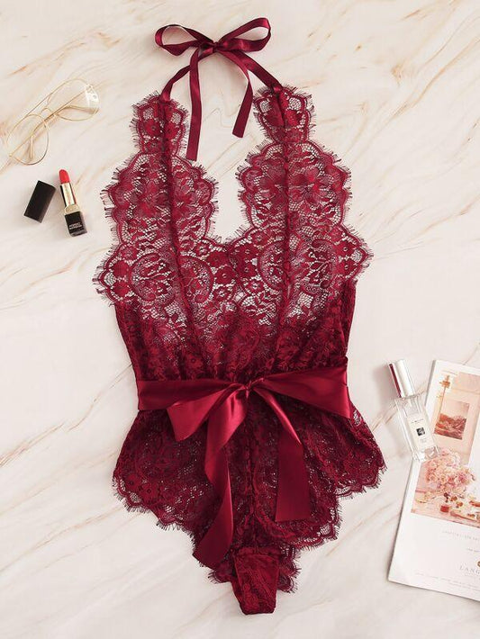 Floral Lace Halter Teddy Bodysuit - LuckyFash™
