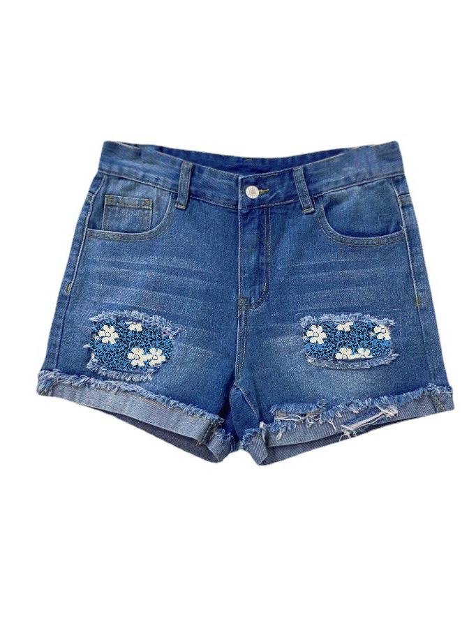 Floral Leopard Print Brushed Denim Shorts - LuckyFash™
