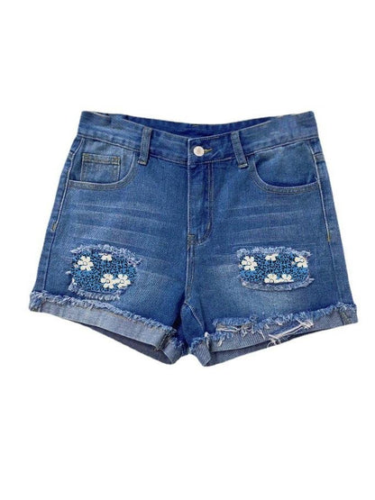 Floral Leopard Print Brushed Denim Shorts - LuckyFash™