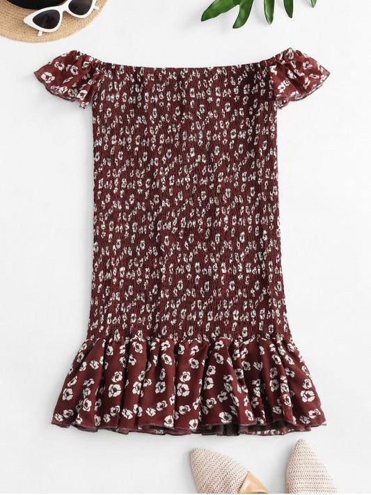 Floral Off Shoulder Smocked Flounce Dress - LuckyFash™
