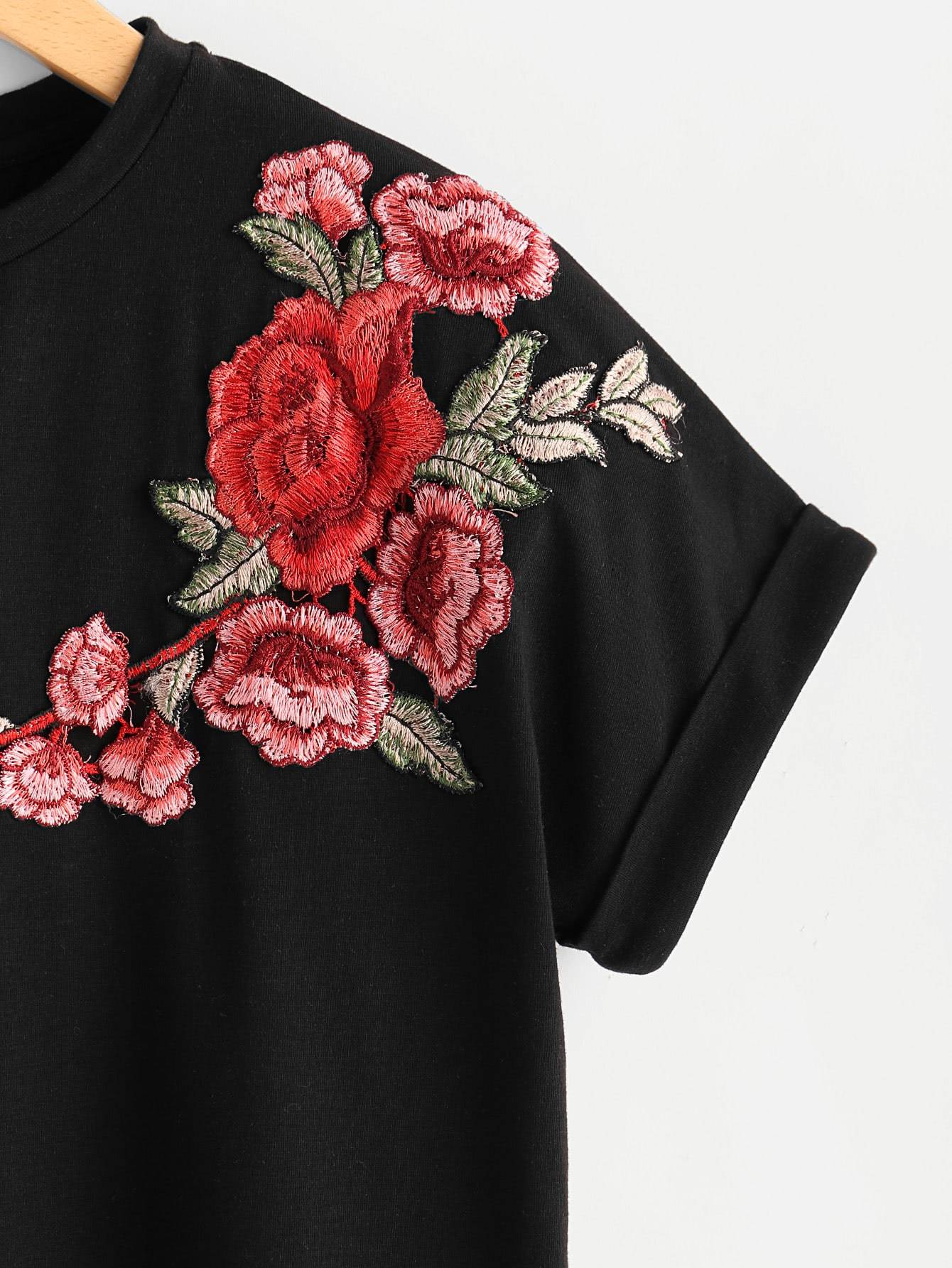 Floral Patch Cuffed Sleeve Tee - LuckyFash™