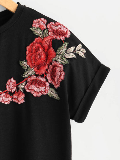 Floral Patch Cuffed Sleeve Tee - LuckyFash™