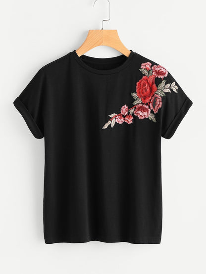 Floral Patch Cuffed Sleeve Tee - LuckyFash™