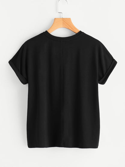 Floral Patch Cuffed Sleeve Tee - LuckyFash™