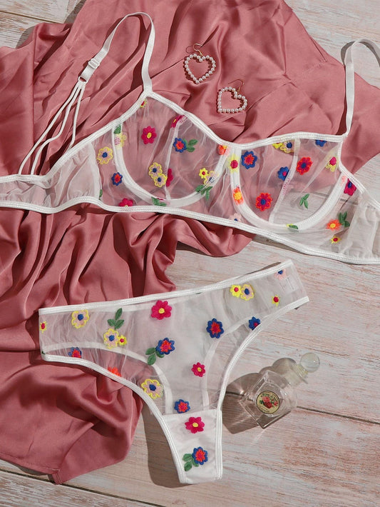 Floral Pattern Mesh Underwire Lingerie Set - LuckyFash™
