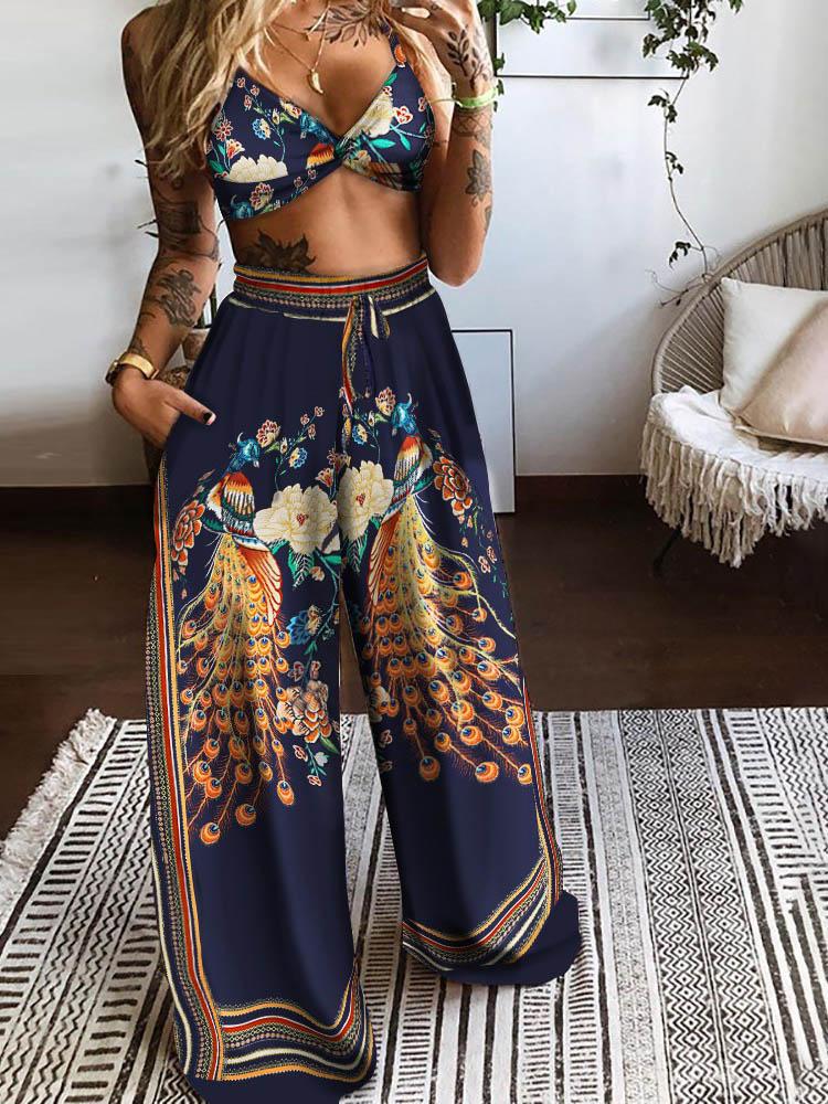 Floral Peacock Print Twisted Front Crop Top & Wide Leg Pants Set - LuckyFash™