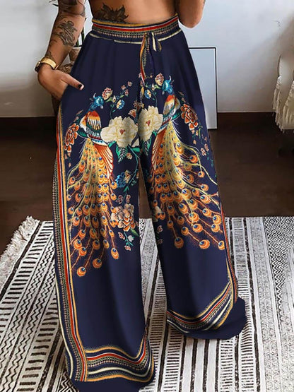 Floral Peacock Print Twisted Front Crop Top & Wide Leg Pants Set - LuckyFash™
