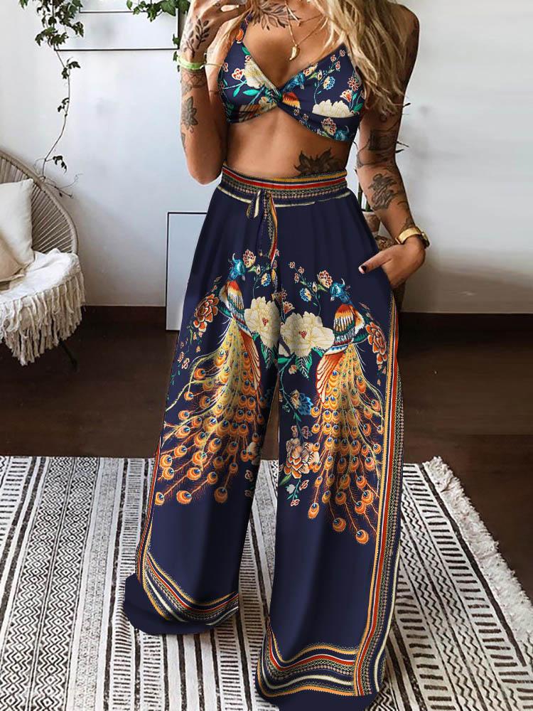 Floral Peacock Print Twisted Front Crop Top & Wide Leg Pants Set - LuckyFash™