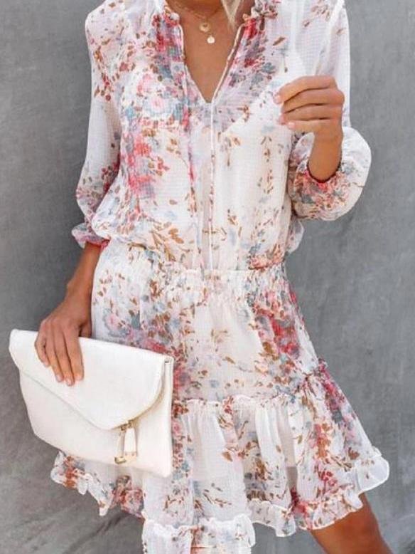 Floral Print 3/4 Sleeves A-line Casual Skater Dresses - LuckyFash™