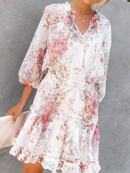 Floral Print 3/4 Sleeves A-line Casual Skater Dresses - LuckyFash™