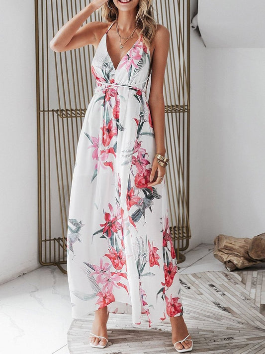 Floral Print Backless Wrap Split Slip Dress - LuckyFash™